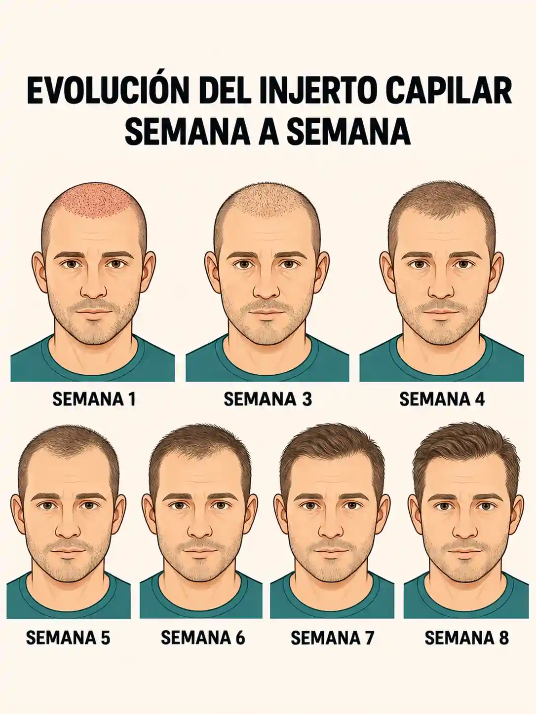 Evolución ilustrada de un injerto capilar semana a semana
