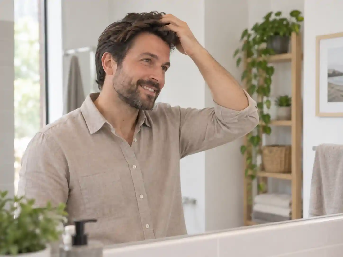 Paciente observando su cabello durante una valoración capilar