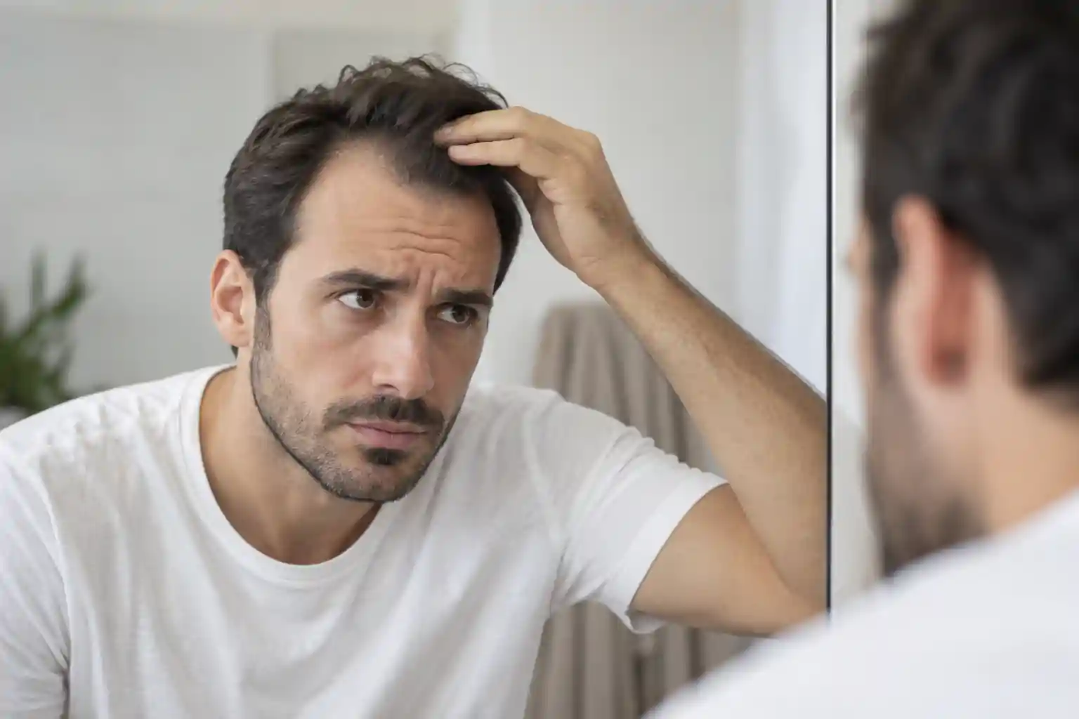 Hombre observando en el espejo la pérdida de cabello en las entradas