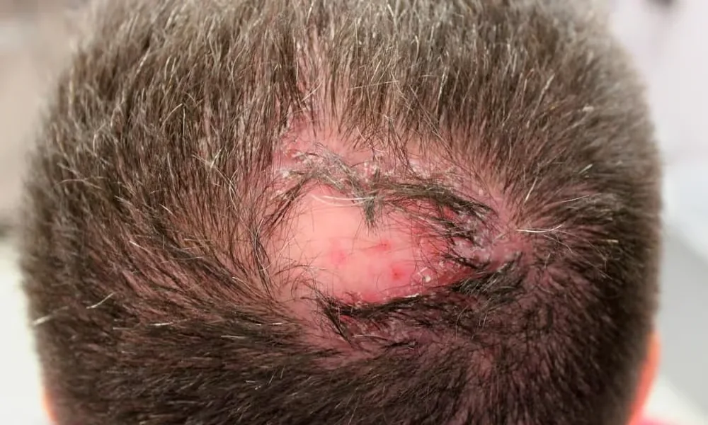Primer plano del cuero cabelludo de un hombre con el pelo muy corto y una zona enrojecida e inflamada con pequeñas lesiones y costras