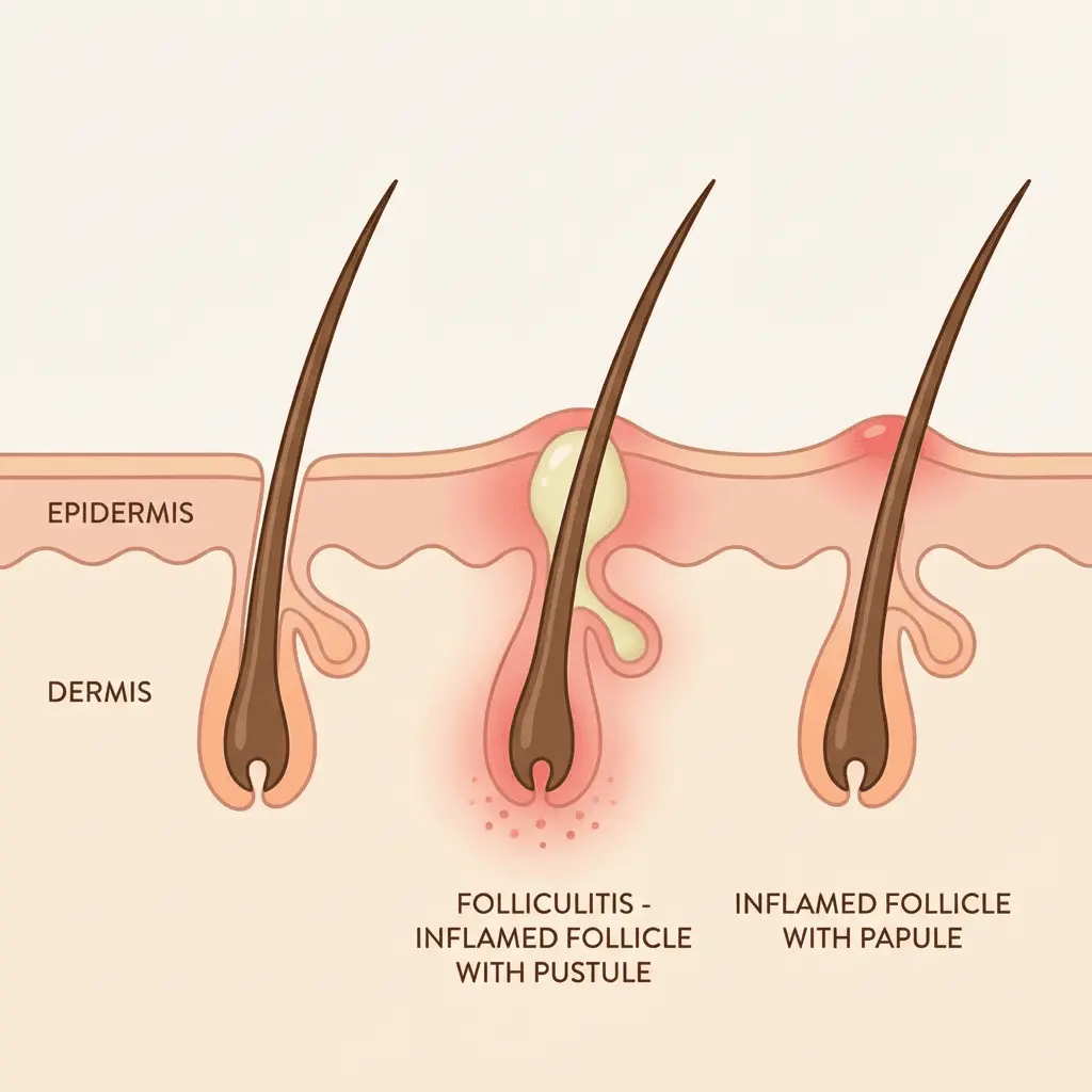 Ilustración de un corte de la piel con tres folículos pilosos: uno normal, otro inflamado con una pústula y otro con una pápula enrojecida