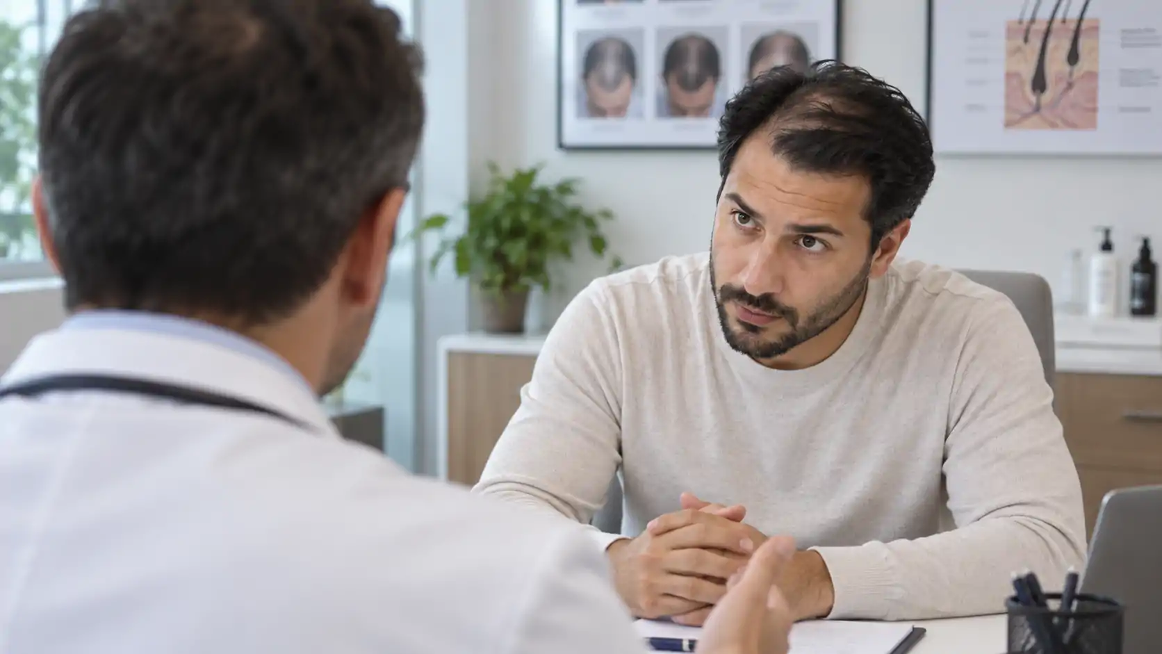 Paciente conversando con un médico durante una consulta capilar en Alfa Clinics
